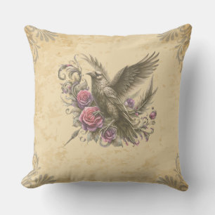 Dark Academia Vintage Raven Roses Gothic Floral  Cushion