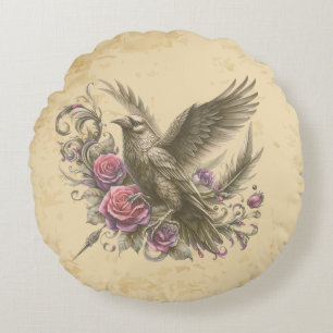 Dark Academia Vintage Raven Roses Gothic Floral  Round Cushion