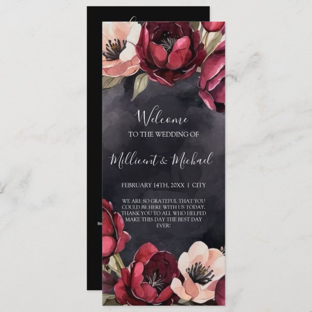 DARK AESTHETIC FLORAL RED & BLACK WEDDING PROGRAM PROGRAMME (Front/Back)
