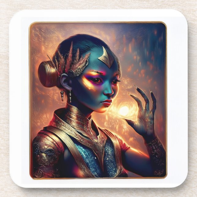 Dark Alien Princess Poses With Fiery Background Coaster (Front)