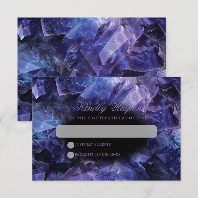 Dark Amethyst Boho Witch Crystals Black Wedding RSVP Card (Front/Back)