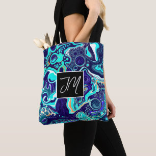 Dark and Aqua Blue Marble Fluid Art Personalised Tote Bag
