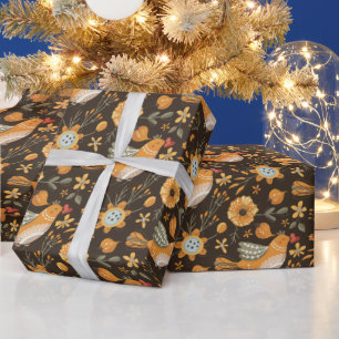 Dark and Cosy Cute Bird Floral Botanical Wrapping Paper