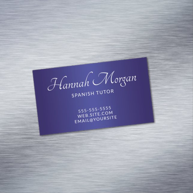 Dark and Deep Blue Ombre Elegant Script Magnetic Business Card (In Situ)