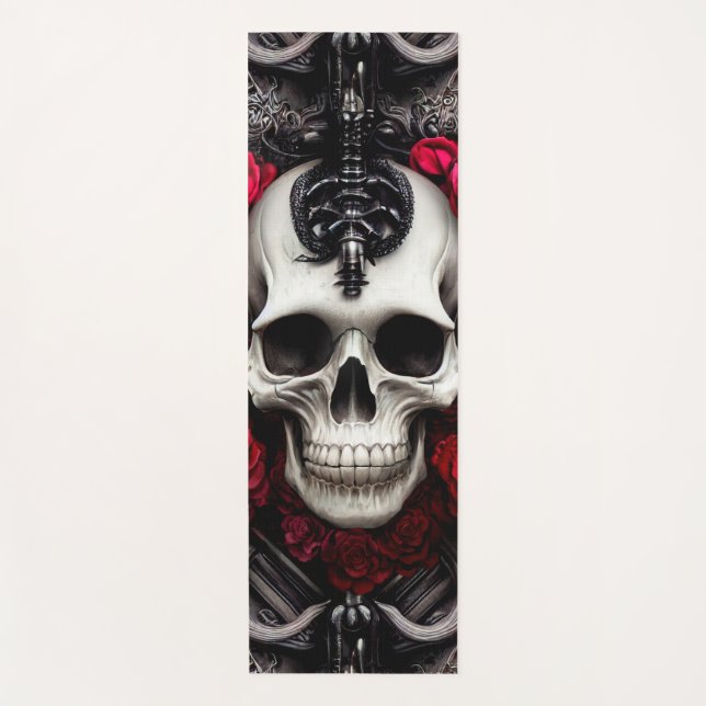 Dark and Gothic Skull and Roses Murial Yoga Mat (Front)