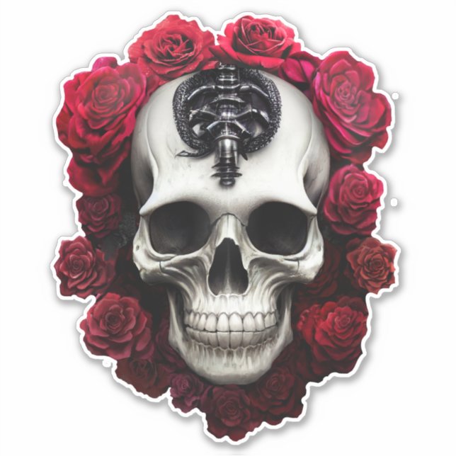 Dark and Gothic Skull and Roses Vinyl Sticker (Front)
