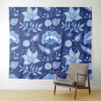 Dark and light blue Indian flowers ethnic pattern