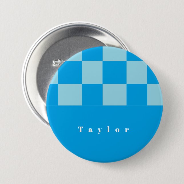 Dark and light blue square blocks pattern 7.5 cm round badge (Front & Back)