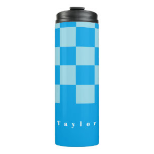 Dark and light blue square blocks pattern thermal tumbler