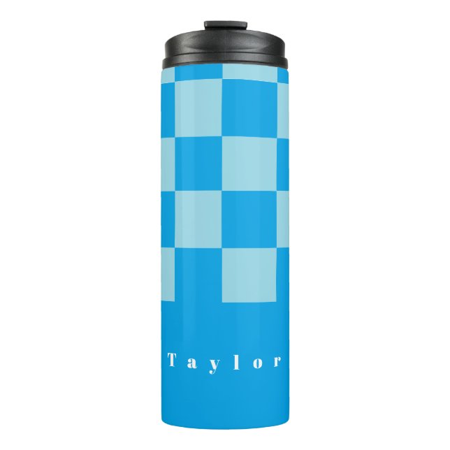 Dark and light blue square blocks pattern thermal tumbler (Front)