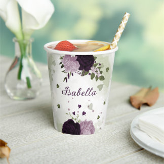 dark and light purple flowers greenery paper cups