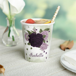 dark and light purple flowers greenery paper cups