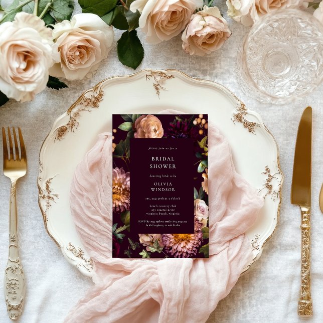 Dark and Moody Burgundy  Floral Bridal Shower  Invitation (Dark and Moody Burgundy Floral Bridal Shower )