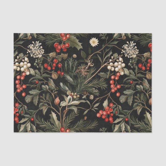 Dark and Moody Christmas Berries and Foliage Tissue Paper (Front)
