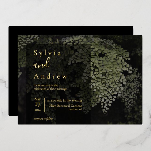 Dark and Moody Ferns Modern Wedding Foil Invite (Front/Back)
