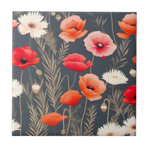 Dark and Moody Floral Poppies Tile