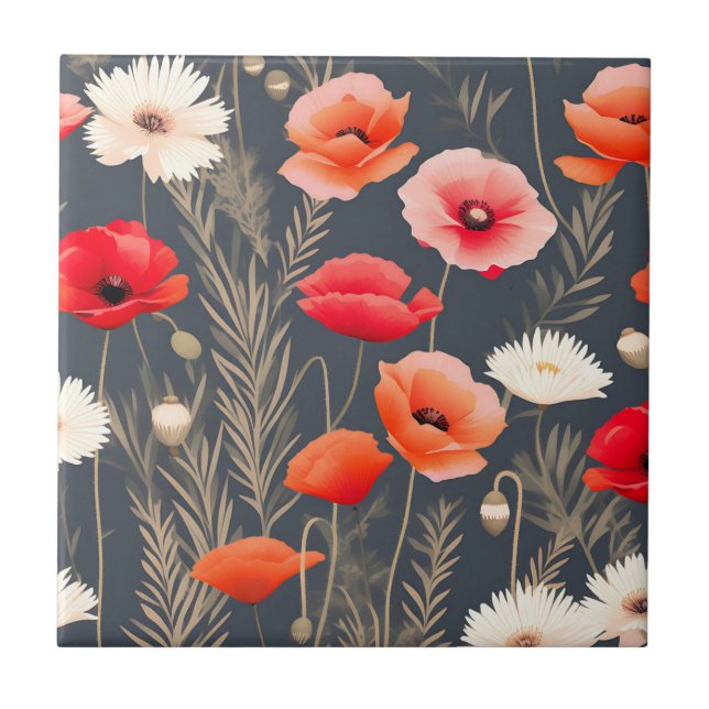 Dark and Moody Floral Poppies Tile (Front)