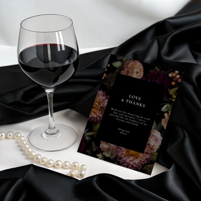 Dark and Moody Gothic Black Floral Thank You  Invitation (Dark and Moody Goth Bridal Thank You Card
)