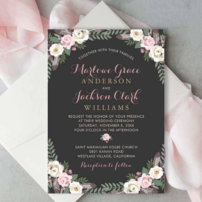 Dark and Moody Rose Pink Floral Boho Wedding Invitation (Creator Uploaded)
