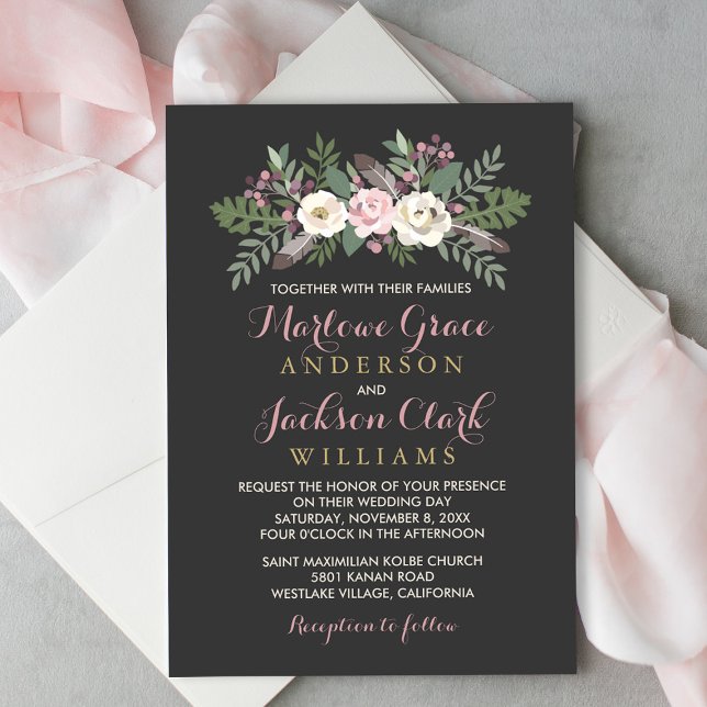 Dark and Moody Rose Pink Floral Boho Wedding Invitation (Creator Uploaded)
