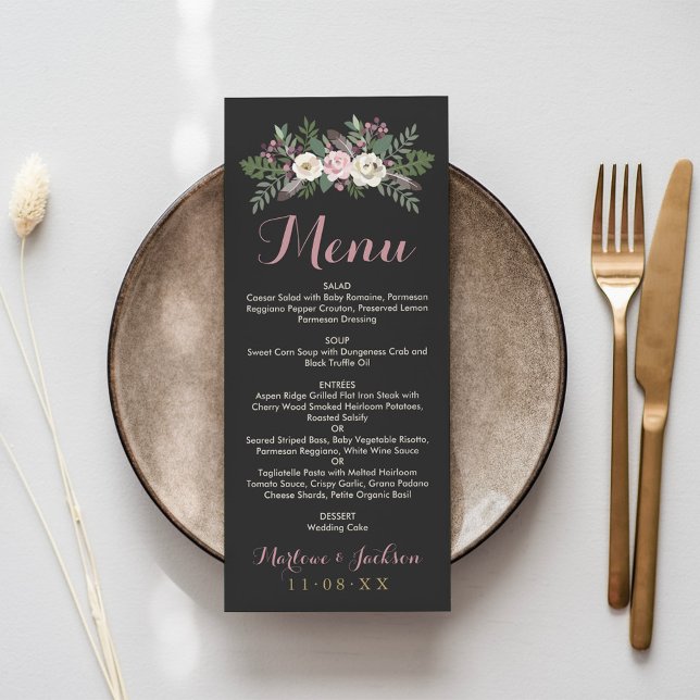 Dark and Moody Rose Pink Floral Boho Wedding Menu (Creator Uploaded)