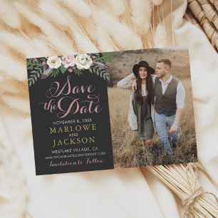 Dark and Moody Rose Pink Floral Boho Wedding Save The Date