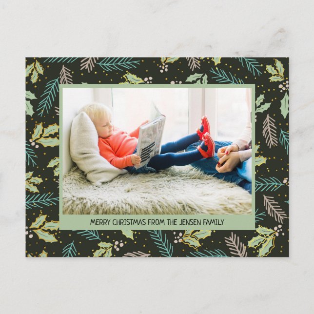 Dark and Sage Green Leaves Merry Christmas 2 Photo Holiday Postcard (Front)