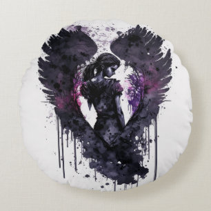 Dark Angel Valentine With Inky Dark Wings Throw Pi Round Cushion