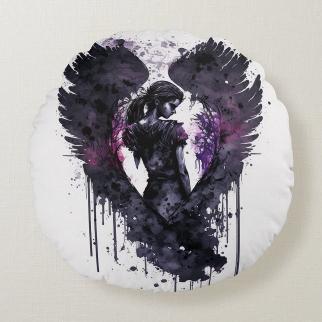 Dark Angel Valentine With Inky Dark Wings Throw Pi Round Cushion (Front)