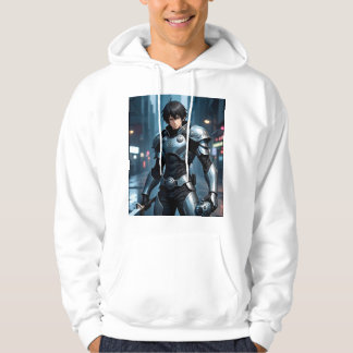 Dark Anime Warrior in Futuristic City – Cyberpunk Hoodie
