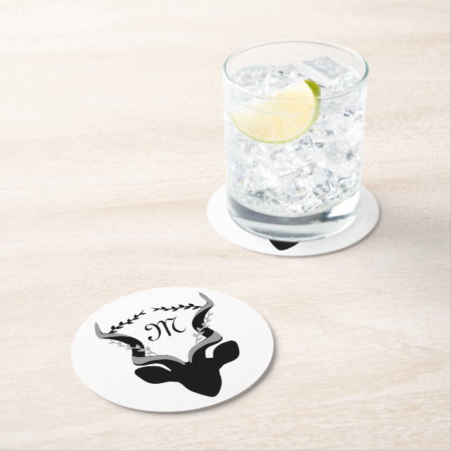 Dark Antelope Silhouette w Customised Monogram Round Paper Coaster (Insitu)