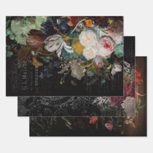 Dark Antique Floral Still Life Decoupage Wrapping Paper Sheet