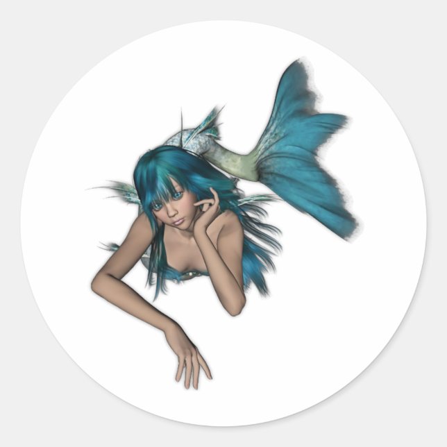 Dark Aqua Blue 3D Mermaid Classic Round Sticker (Front)