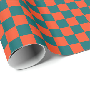 Dark Aqua Blue and Orange Coral Chequered Wrapping Paper