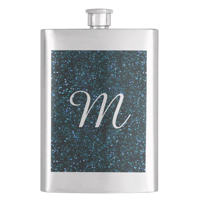 Dark Aqua Blue Glitter Hip Flask (Front)