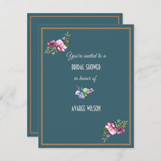 Dark Aqua Bridal Shower Florals   Invitation (Front/Back)