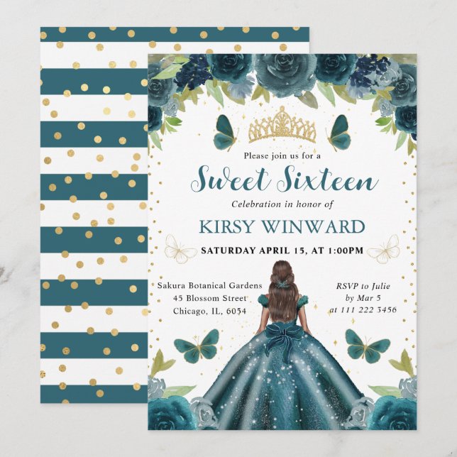 Dark Aqua Dress Dark Skin Princess Sweet 16 Invitation (Front/Back)