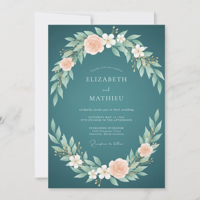 Dark Aqua Leafy Wedding Invitation (Front)