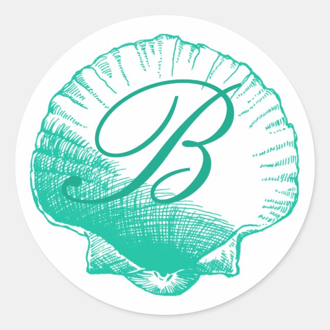 Dark Aqua Monogrammed Sea Shell Sticker (Front)