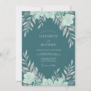 Dark Aqua Ranunculus Eucalyptus Wedding Invitation