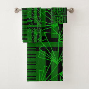 Dark Aqua Sea green doodle flower striped Bath Towel Set
