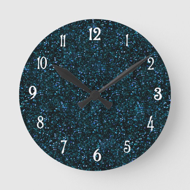 Dark Aqua Teal Blue Glitter Round Clock (Front)