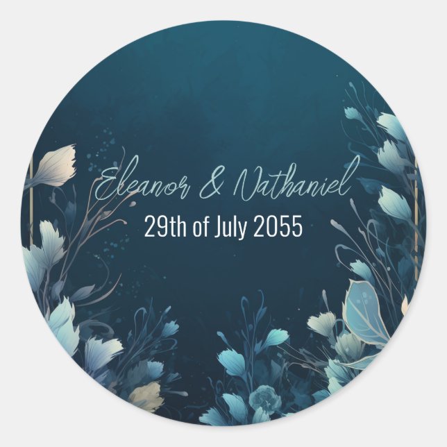Dark Aquamarine and Teal Blue Floral Wedding Classic Round Sticker (Front)