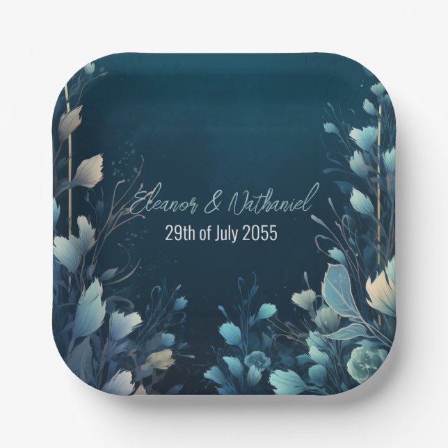 Dark Aquamarine and Teal Blue Floral Wedding Paper Plate (Front)