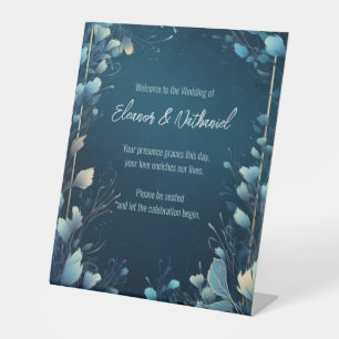 Dark Aquamarine and Teal Blue Floral Wedding Pedestal Sign