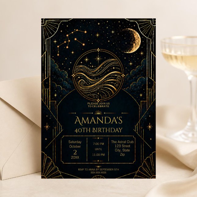 Dark Aquarius 40th Birthday Invitation | Midnight (Dark Art Deco Aquarius zodiac 40th birthday invitation featuring celestial details, vintage-inspired)