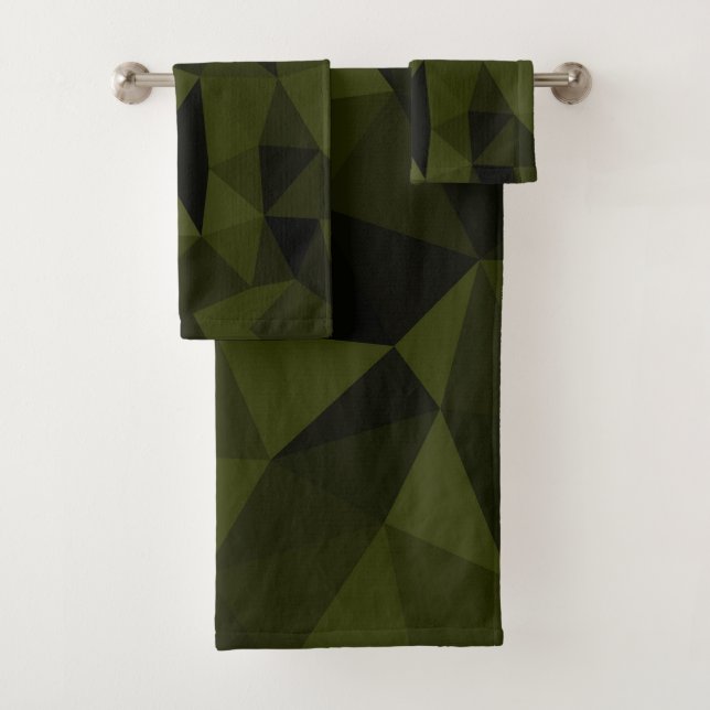 Dark army green black geometric mesh pattern bath towel set (Insitu)