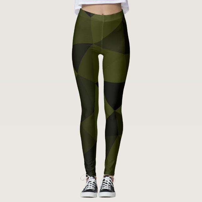 Dark army green black geometric mesh pattern cool  leggings (Front)