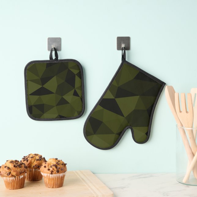 Dark army green black geometric mesh pattern cool oven mitt & pot holder set (Insitu(Hanging))