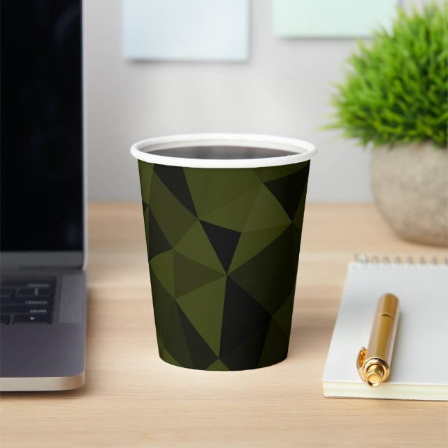 Dark army green black geometric mesh pattern cool  paper cups (Insitu)